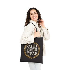 Bolso de tela con el lema "Fe sobre el miedo" / Bolso de lona con versículo bíblico inspirador