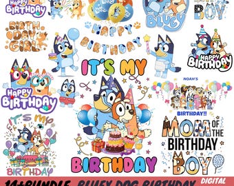 Bluey Dog Birthday Clipart Bundle, Cartoon Family Characters, Party Decorations (Digital Download)