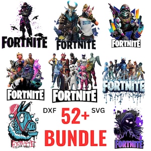 May include: A digital collection of Fortnite graphic designs featuring various game characters, including a llama, skull troopers, and masked figures, with the Fortnite logo and the text 52+ DXF SVG BUNDLE and LLAMA HERE displayed in bold lettering.