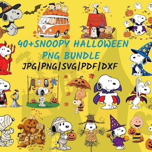 May include: A digital collection of 40+ Snoopy Halloween graphics featuring various characters in costumes like mummies, vampires, and witches, alongside pumpkins and ghosts. The text reads 40+ SNOOPY HALLOWEEN PNG BUNDLE JPG|PNG|SVG|PDF|DXF.