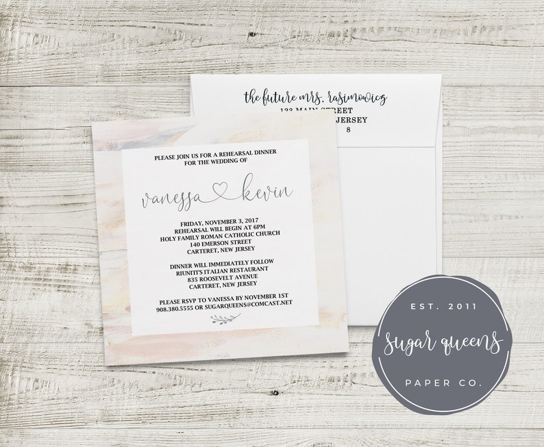 PRINTED Watercolor Marble Wedding Rehearsal Dinner Invitations Blush Pink Blye Gray Romantic Chic Calligraphy Custom Square Envelopes