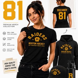 May include: Black t-shirt, hoodie, hat, and water bottle with gold text and logos. The t-shirt features "RAIDERS BOSTON HOCKEY" and "EST. NINETEEN TWENTY-FOUR". The back of the shirt displays "ROZANOV 81".
