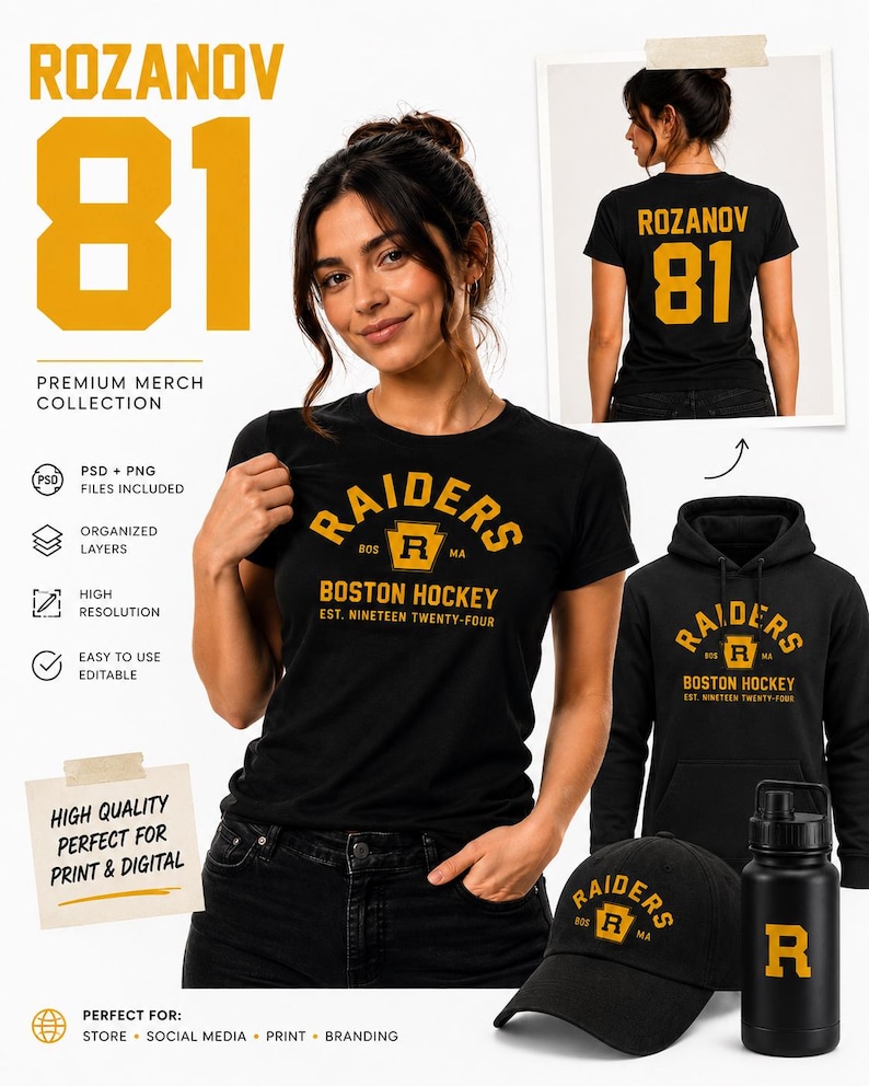 May include: Black t-shirt, hoodie, hat, and water bottle with gold text and logos. The t-shirt features "RAIDERS BOSTON HOCKEY" and "EST. NINETEEN TWENTY-FOUR". The back of the shirt displays "ROZANOV 81".