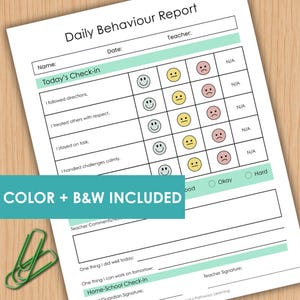 May include: A Daily Behaviour Report printable form featuring a grid with smiley, neutral, and sad face icons for tracking daily tasks. The document includes sections for name, date, teacher, comments, and home-school check-in with mint green accents.