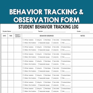 Strumento di monitoraggio del comportamento degli studenti / Registro di osservazione del comportamento / Modulo di documentazione dello studente / Strumento di raccolta e monitoraggio dei dati IEP / Comportamento in classe