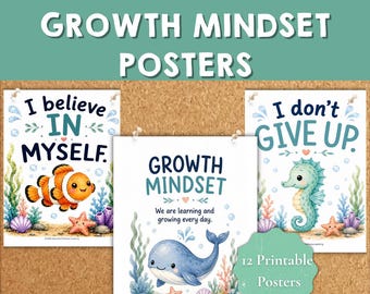 Growth Mindset Bulletin Board Posters | Calm Corner Decor | Under the Sea Ocean Classroom  | SEL Printables for Kids | Therapy Office Art