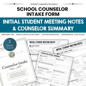 Könnte beinhalten: Eine Sammlung druckbarer Aufnahmeformulare für Schulberater. Die Formulare umfassen Abschnitte für Schülerinformationen, Besprechungsnotizen und Beraterzusammenfassungen. Sofortiger Download.