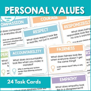 Peut inclure: Un ensemble de 24 cartes de tâches éducatives intitulées Personal Values pour les niveaux 5 à 9. Chaque carte présente un en-tête aux couleurs pastel avec une valeur comme Compassion, Respect, Responsabilité, Équité ou Empathie, suivie de questions.