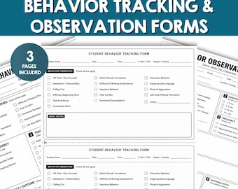 May include: A set of three white paper student behavior tracking and observation forms with black text. The forms include fields for student name, date, time, and subject, with checkboxes for behaviors observed and sections for brief notes.