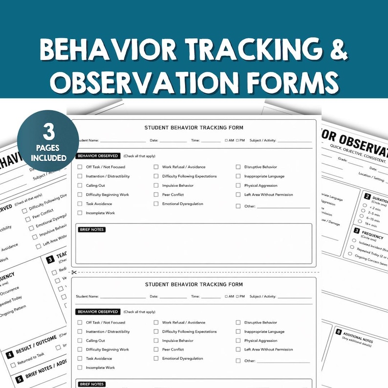 May include: A set of three white paper student behavior tracking and observation forms with black text. The forms include fields for student name, date, time, and subject, with checkboxes for behaviors observed and sections for brief notes.