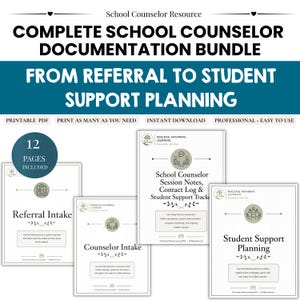 May include: A bundle of school counselor documentation forms, including referral intake, counselor intake, and student support planning. The forms are designed for professional use and are available as a printable PDF. The bundle includes 12 pages.