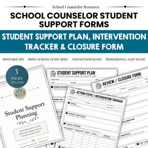 May include: A set of three printable school counselor student support forms including a student support plan, an intervention tracker, and a review closure form. The documents feature black text on white paper with a dark teal header and a circular badge indicating 3 pages included. The forms contain fields for student names, dates, goals, and action steps.