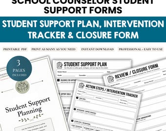 School Counselor Student Support Plan | Intervention Tracker | Review Closure Form | Counseling Forms |  Individualized Plan | Printable PDF