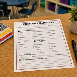 May include: A white Student Behavior Tracking Form with black text and a red border. The form includes sections for student information, behavior observed, frequency, teacher response, result, and brief notes, placed on a wooden desk.