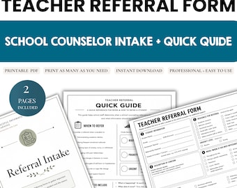 School Counselor Teacher Referral Form for Student Support | Counseling Documentation | School Counselor Forms | Printable PDF