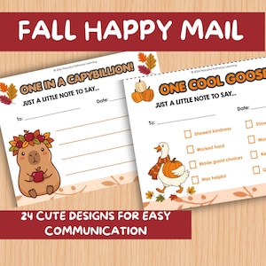 Könnte beinhalten: Zwei rechteckige Notizkarten mit der Überschrift FALL HAPPY MAIL. Eine Karte zeigt ein Wasserschwein mit Apfelkranz und den Text ONE IN A CAPYBILLION. Die andere zeigt eine Gans mit Kürbis und den Text ONE COOL GOOSE mit Ankreuzfeldern.