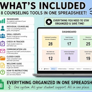 May include: A digital counselling spreadsheet displayed on a laptop screen, featuring a dashboard with metrics for individual counselling, small groups, check-ins, referrals, follow-ups, and closed cases, alongside a list of eight included tools.
