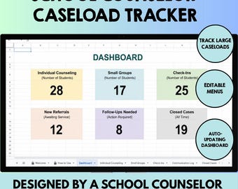 School Counselor Caseload Spreadsheet Tracker Digital Caseload Management Individual Counseling, Small Group, Check-Ins, Communication Log