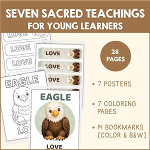 Può includere: Un set educativo di 28 pagine intitolato Seven Sacred Teachings for Young Learners. Include 7 poster, 7 pagine da colorare e 14 segnalibri a colori e in bianco e nero. Le pagine presentano illustrazioni di aquile e la parola LOVE.