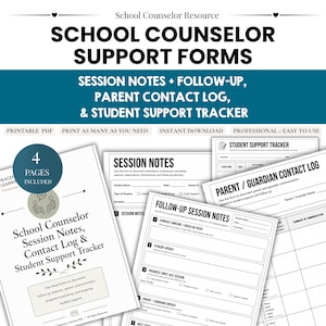 May include: A collection of printable school counselor support forms, including session notes, parent contact logs, and student support trackers. The forms are designed for professional use and easy to download.