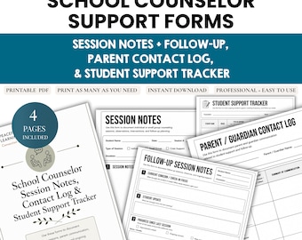 School Counselor Session Notes | Student Support Tracker | Parent Contact Log | Follow Up Counseling Forms | Progress Notes