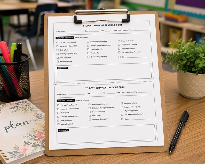 May include: A brown wooden clipboard holding a white paper sheet with two identical Student Behavior Tracking Forms printed in black ink. The form includes sections for student name, date, time, subject, and a checklist for observed behaviors.
