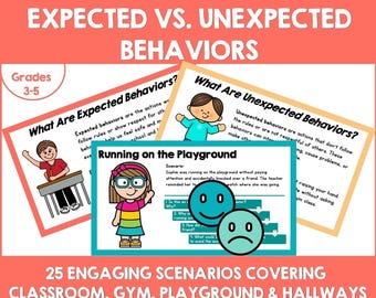 Expected vs Unexpected Behaviors Activity, Social Skills Scenario Cards, Classroom Behavior Discussion Slides, Grades 3-5 SEL