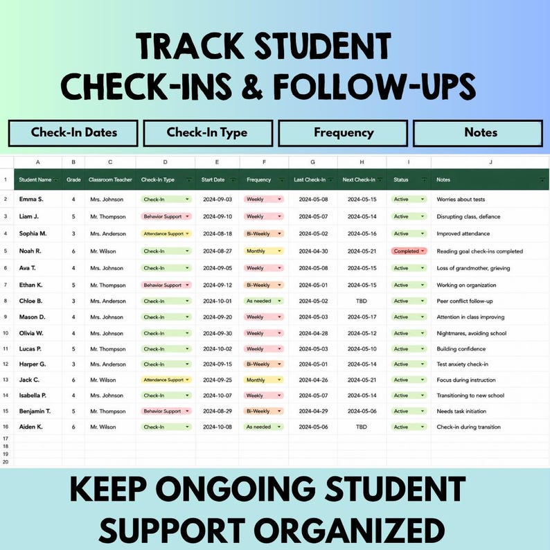 May include: A digital spreadsheet template titled TRACK STUDENT CHECK-INS & FOLLOW-UPS and KEEP ONGOING STUDENT SUPPORT ORGANIZED. The table includes columns for student name, grade, teacher, check-in type, dates, frequency, status, and notes.