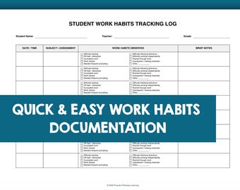 Student Work Habits Tracker, Work Habits Tracking Log, Student Documentation Form, IEP Data Collection, Classroom Work Habits, Teacher Log