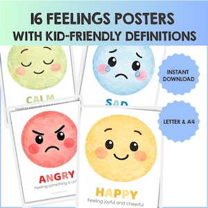 16 Feelings & Emotions Posters for Kids with Definitions | Feelings Decor | Feelings Classroom Posters | SEL Classroom Decor | Calm Corner