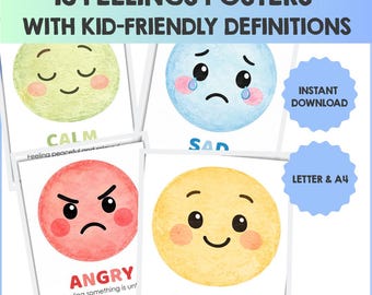 16 Feelings & Emotions Posters for Kids with Definitions | Feelings Decor | Feelings Classroom Posters | SEL Classroom Decor | Calm Corner