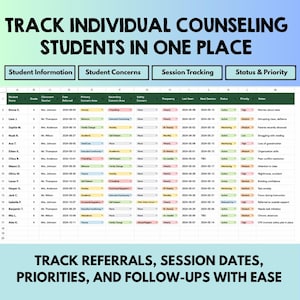May include: A digital spreadsheet template for tracking individual counselling students. The header reads TRACK INDIVIDUAL COUNSELING STUDENTS IN ONE PLACE and TRACK REFERRALS, SESSION DATES, PRIORITIES, AND FOLLOW-UPS WITH EASE. Columns include student data.