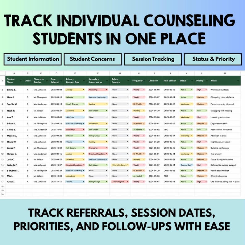 May include: A digital spreadsheet template for tracking individual counselling students. The header reads TRACK INDIVIDUAL COUNSELING STUDENTS IN ONE PLACE and TRACK REFERRALS, SESSION DATES, PRIORITIES, AND FOLLOW-UPS WITH EASE. Columns include student data.