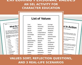 Personal Values SEL Activity, Character Education Worksheets, Values Exploration and Reflection, Middle & High School Counseling Values Sort