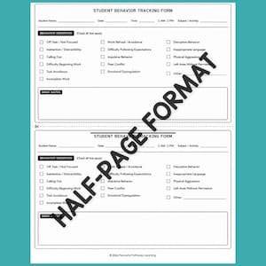 May include: A white student behavior tracking form printed in a half-page format. The document includes fields for student name, date, time, and subject, with checkboxes for various behaviors observed and a large blank section for brief notes.