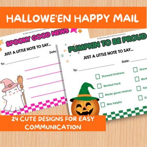 Op de afbeelding: Twee printbare notitiebladen met de titel HALLOWE'EN HAPPY MAIL. Eén blad toont een spookje met een roze hoed en de tekst SPOOKY GOOD NEWS. Het andere blad toont een pompoen met een groene hoed en de tekst PUMPKIN TO BE PROUD met selectievakjes.