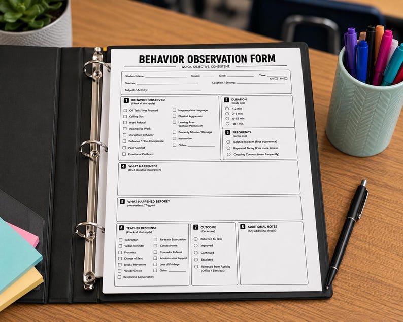May include: A white Behavior Observation Form printed on paper, secured in a black three-ring binder. The form includes sections for student details, behavior observed, duration, frequency, teacher response, and outcomes. A pen and pencil cup are nearby.
