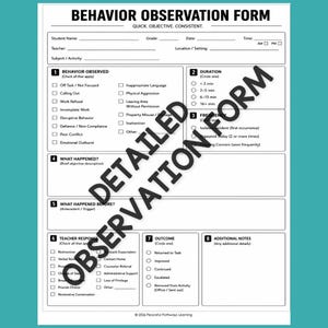 May include: A white behavior observation form with black text and lines. The document includes sections for student details, behavior observed, duration, frequency, what happened, antecedents, teacher response, outcome, and additional notes.