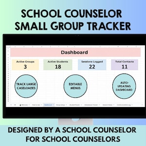 May include: A digital dashboard displayed on a computer screen titled School Counselor Small Group Tracker. The interface features metrics for Active Groups, Active Students, Sessions Logged, and Total Contacts, with circular buttons for Track Large Caseloades, Editable Menus, and Auto-Updating Dashboard.