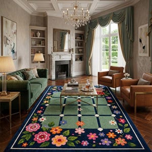 Hand Tufted Floral Garden Rug, Botanical Area Rug, New Zealand Wool Flower Carpet, Cottagecore Rug.