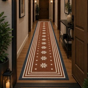 Terracotta Runner Rug, Star Medallion Hallway Rug, Hand Tufted Wool Carpet, Southwestern Boho Runner, Custom Entryway Rug