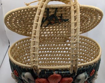Vintage 3-D Flower Woven Wicker Basket 12" x 6"