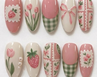 Cottagecore Strawberry Press On Nails, Green Gingham Coquette Spring Fake Nails