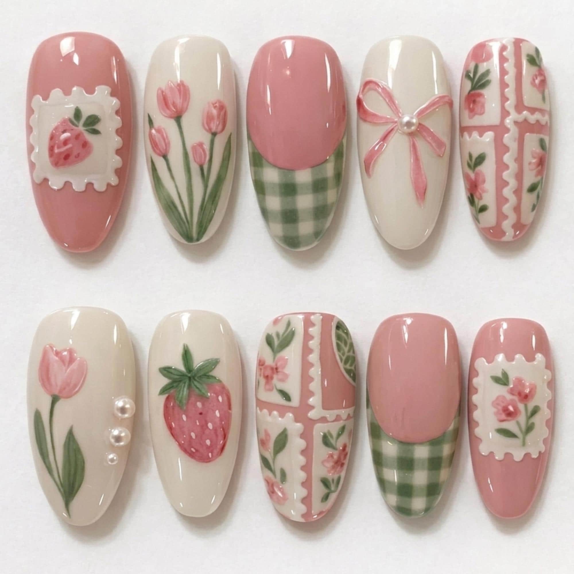 Cottagecore Strawberry Press On Nails, Green Gingham Coquette Spring Fake Nails