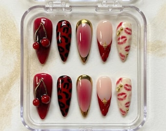 3D Cherry Press On Nails, Red Leopard Fake Nail, Coquette Kiss Print Stiletto