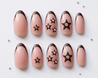 Brown Star Press On Nails, Micro French Tip Fake Nail, Y2K Rhinestone Manicure