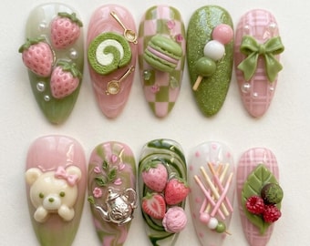 Matcha Strawberry Dessert Press On Nails, Kawaii 3D Sweets Fake Nails, Coquette
