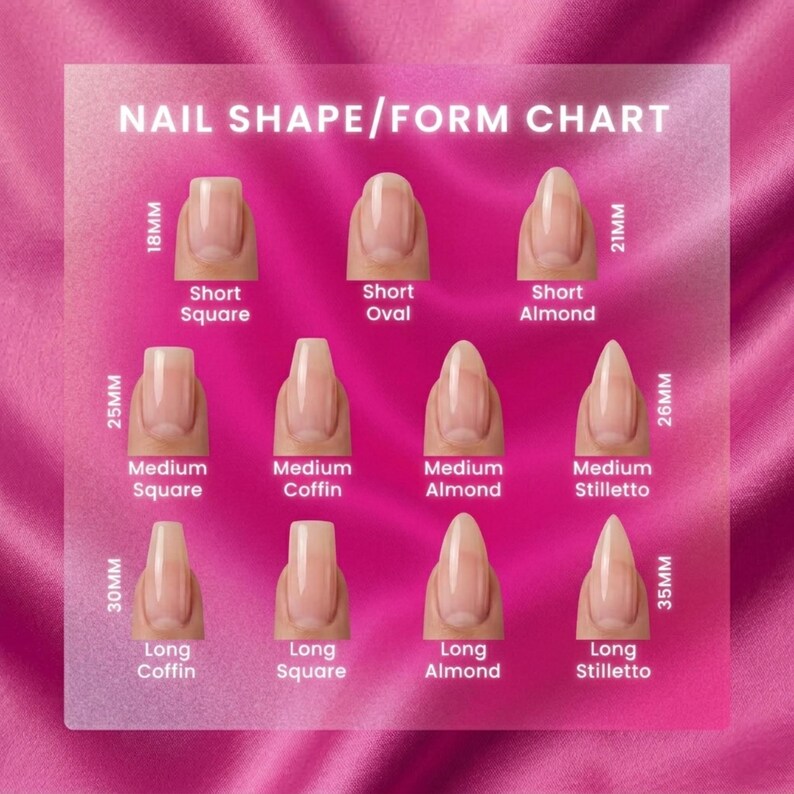 May include: A pink chart illustrating different nail shapes, such as Short Square, Oval, and Almond, alongside Medium and Long styles. Millimetre measurements are provided. The text "NAIL SHAPE/FORM CHART" is displayed at the top of the image.