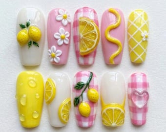Lemon Press On Nails, Pink Gingham Fake Nails, Summer Fruit Glue On Nails