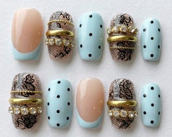 3D Blue Lace Press On Nails, Gold Ring French Tip, Polka Dot Mani